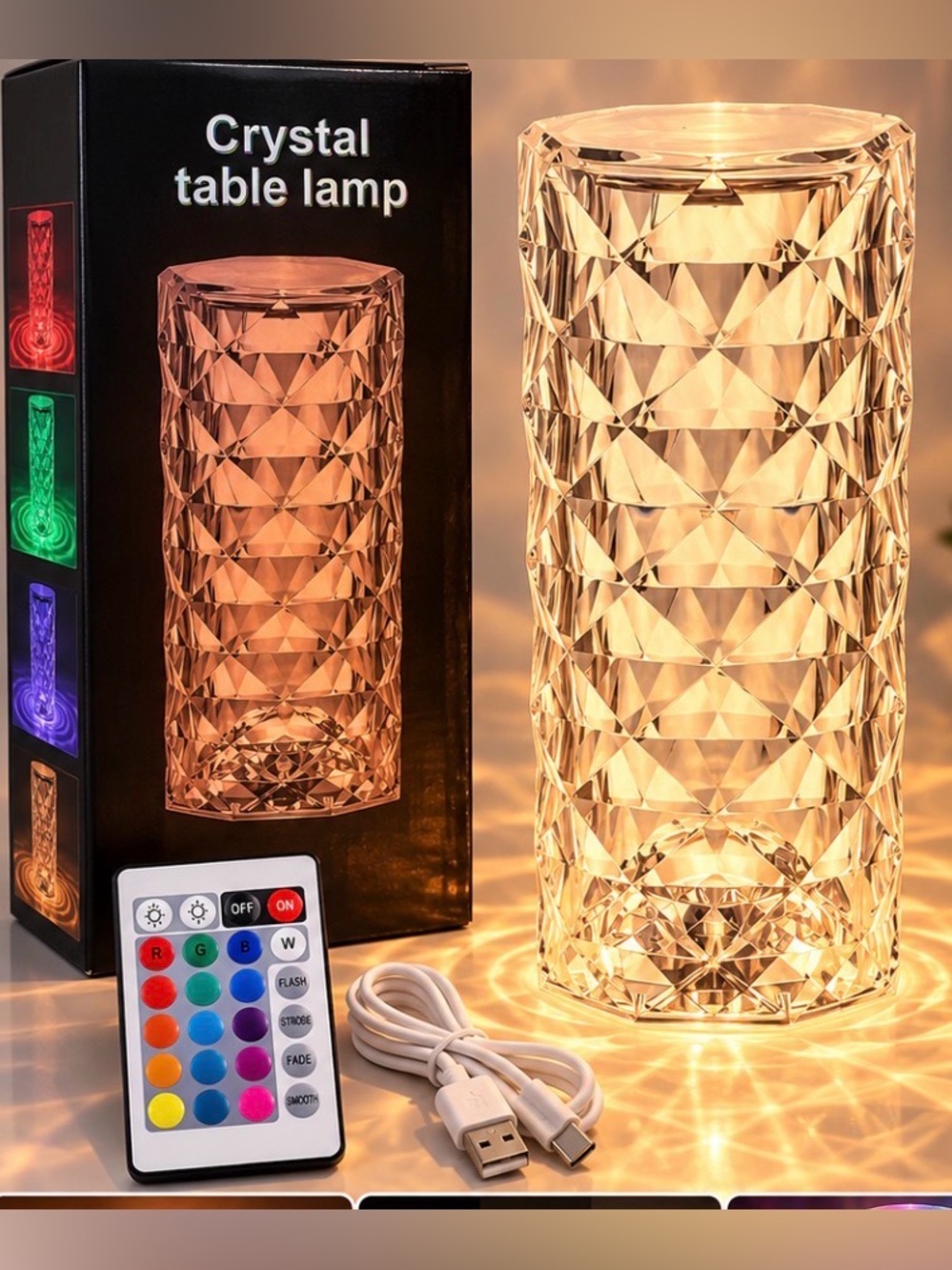 Crystal Table Lamp with Remote Control - Warm Amber Light